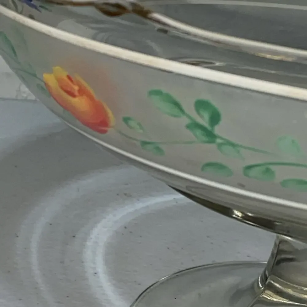 Vintage Pedestal Candy Dish Fruit Bowl Daisies Roses 8”x5” Bohemian Hand Painted